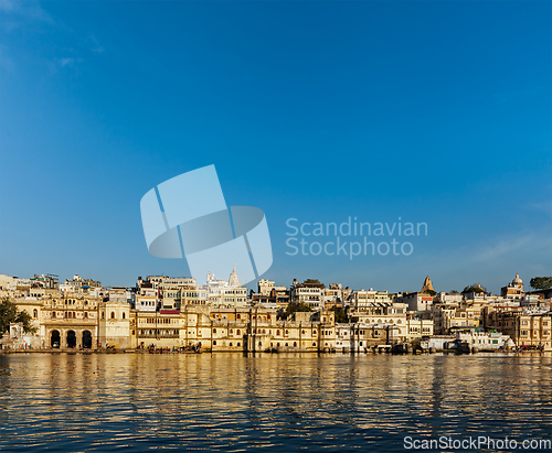 Image of Udaipur houses and ghats on lake Pichola. Udaipur, Rajasthan, In