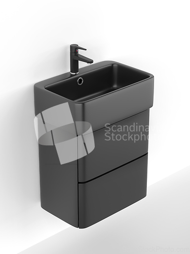 Image of Black wall mounted wash basin cabinet with faucet