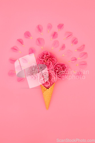 Image of Surreal Beautiful Pink Rose Flower Ice Cream Cone with Petals