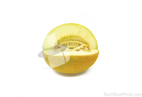 Image of Cut melon with seeds on white background