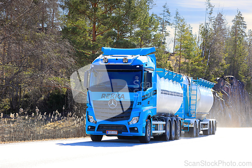 Image of Blue Mercedes-Benz Actros L Tank Truck on Road