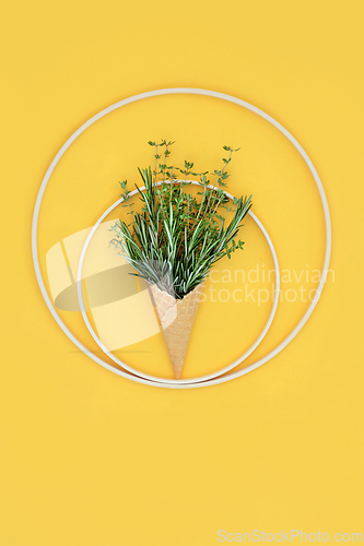 Image of Waffle Ice Cream Cone Surreal Concept with Herbs