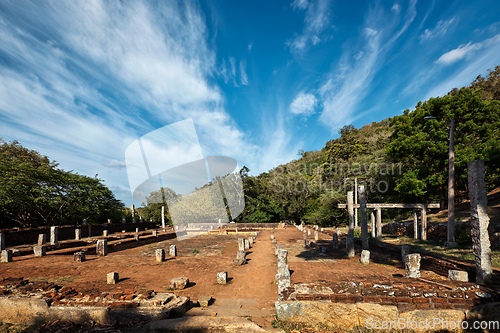 Image of Column ruins and basement at Mahaseya Dagoba Buddhist monastery. Mihintale, Sri Lanka