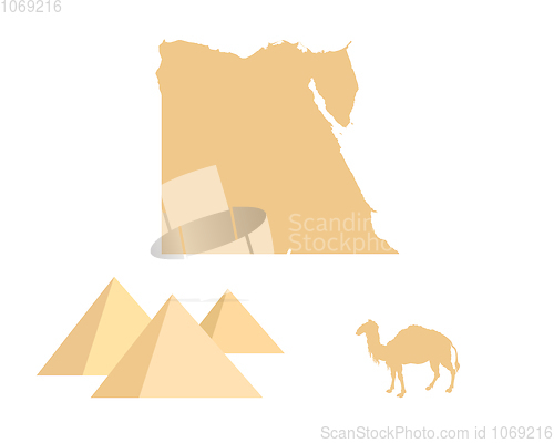 Image of Egypt, pyramids and camel on white