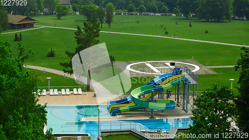 Image of swimming pool on luxury resort in forest.