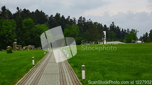 Image of a texture of walk way and green field