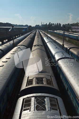 Image of Trains at train station. Trivandrum, Kerala, India