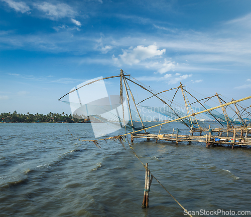 Image of Chinese fishnets on sunset. Kochi, Kerala, India