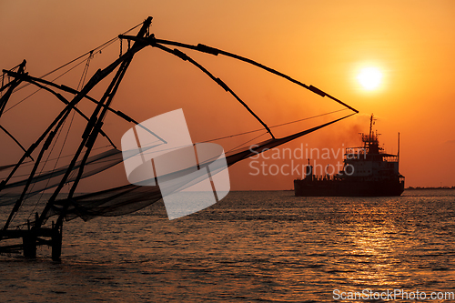 Image of Chinese fishnets on sunset. Kochi, Kerala, India