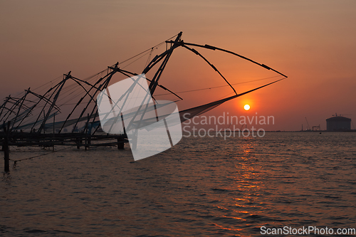 Image of Chinese fishnets on sunset. Kochi, Kerala, India