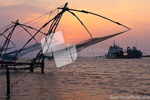 Image of Chinese fishnets on sunset. Kochi, Kerala, India