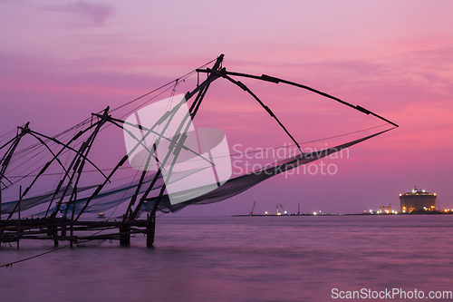 Image of Chinese fishnets on sunset. Kochi, Kerala, India