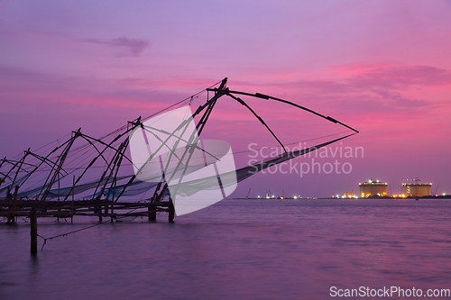 Image of Chinese fishnets on sunset. Kochi, Kerala, India