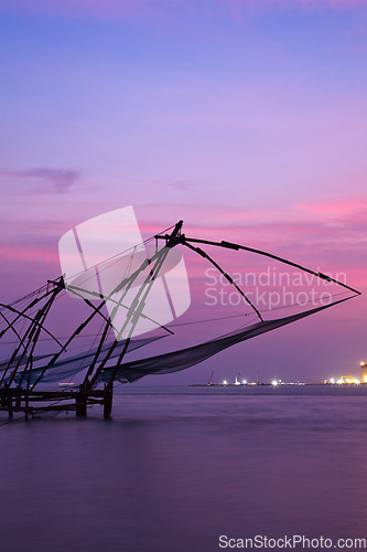 Image of Chinese fishnets on sunset. Kochi, Kerala, India