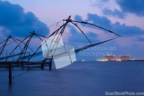 Image of Chinese fishnets in twilight. Kochi, Kerala, India