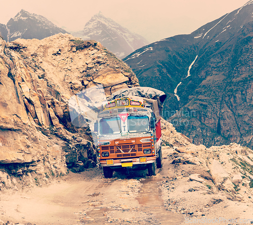 Image of Manali-Leh road in Indian Himalayas with lorry