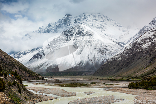 Image of Lahaul valley in Himalayas with snowcappeped mountains. Himachal Pradesh, India