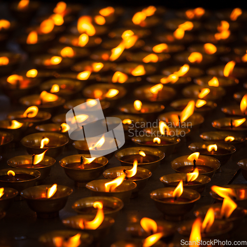 Image of Burning candles in Buddhist temple. McLeod Ganj, Himachal Prades