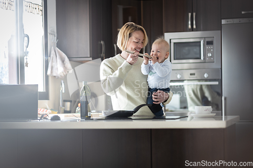 Image of Happy mother and little infant baby boy cooking and tasting healthy dinner in domestic kitchen. Family, lifestyle, domestic life, food, healthy eating and people concept.