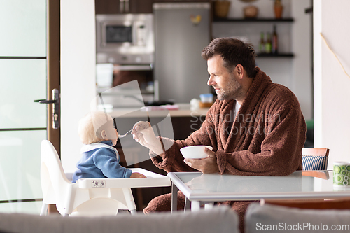 Image of Father wearing bathrope spoon feeding hir infant baby boy child sitting in high chair at the dining table in kitchen at home in the morning.