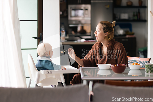 Image of Cheerful mother wearing bathrope spoon feeding her infant baby boy child sitting in high chair at the dining table in kitchen at home in the morning.