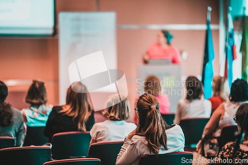 Image of Woman giving presentation on business conference event.