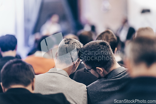 Image of Round table discussion at business convention and Presentation. Audience at the conference hall. Business and entrepreneurship symposium