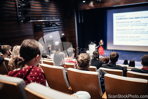 Image of Woman giving presentation on business conference event.