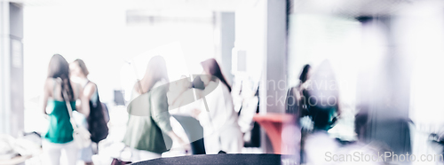 Image of Blured image of businesspeople at coffee break at conference meeting.