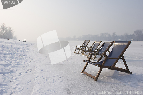 Image of empty deckchairs on frozen lake