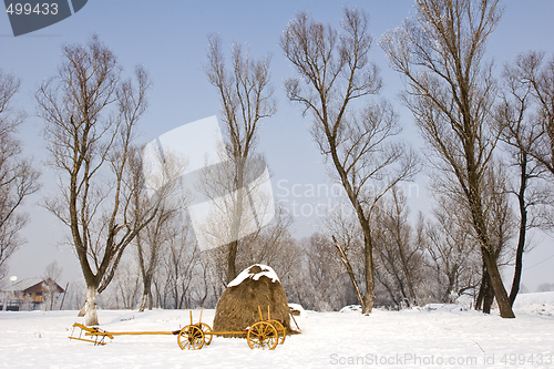 Image of old farm cart in the snow