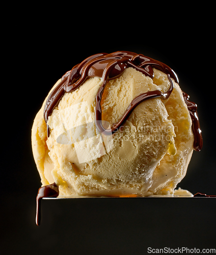 Image of melted chocolate on vanilla ice cream