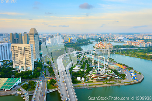 Image of  Singapore skyline, Ferries Wheel, aerial