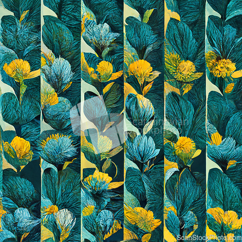 Image of Teal and yellow abstract flower pattern for prints, wall art, co