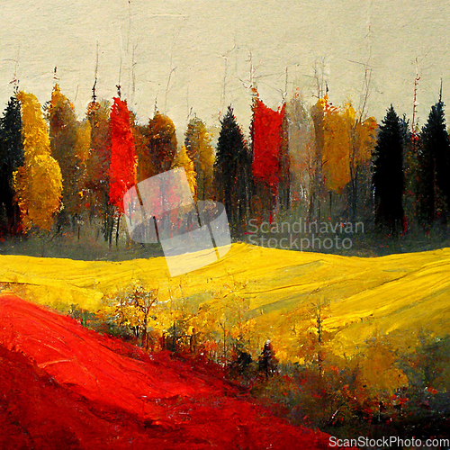 Image of Autumn forest landscape. Colorful watercolor painting of fall se