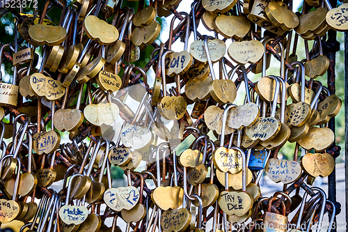 Image of Love Paris Padlocks hanging on a fence