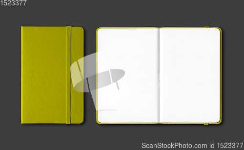 Image of Olive green closed and open notebooks isolated on black