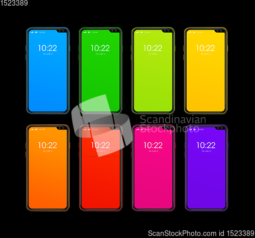 Image of Rainbow colorful smartphone set isolated on black. 3D render