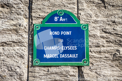 Image of Rond Point des Champs-Elysees street sign, Paris, France