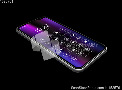 Image of All screen smartphone with icon set isolated on black. 3D render