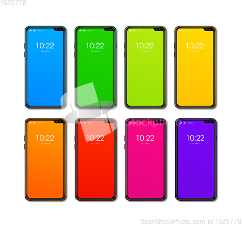 Image of Rainbow colorful smartphone set isolated on white. 3D render