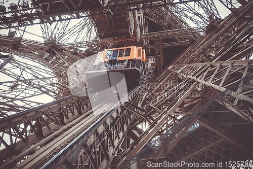 Image of Eiffel Tower structure and elevator, Paris, France