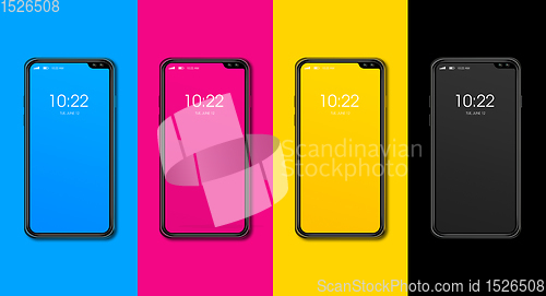 Image of CMYK smartphone set isolated on color background. 3D render