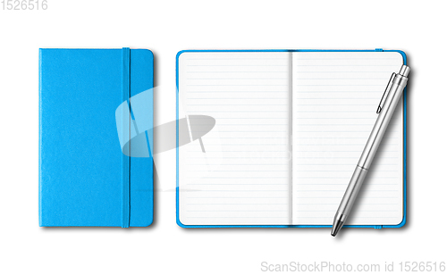 Image of Cyan blue closed and open notebooks with a pen isolated on white