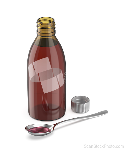 Image of Bottle and spoon with cough medicine syrup
