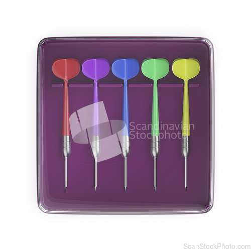 Image of Plastic box with five colorful darts