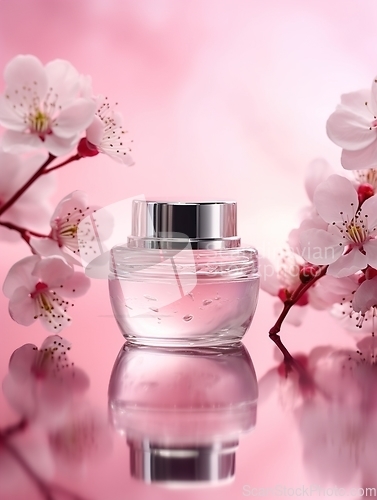 Image of A jar of creamy cosmetics with a pink cherry blossom flower