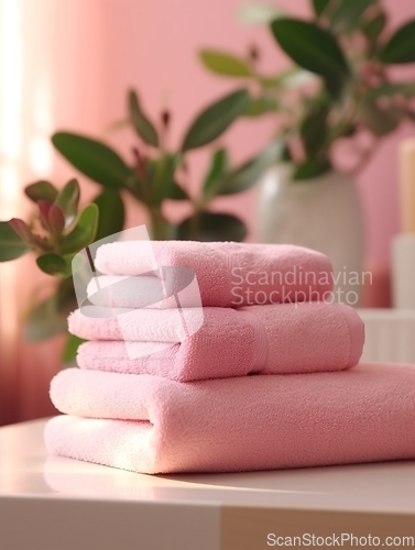 Image of Soft Pile of Towels in Daylight Spa Lifestyle