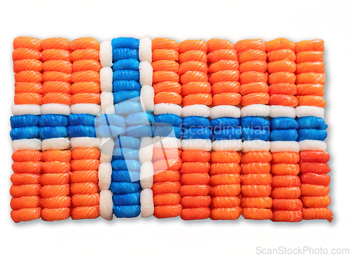 Image of Sushi pieces in the shape of a Norwegian flag