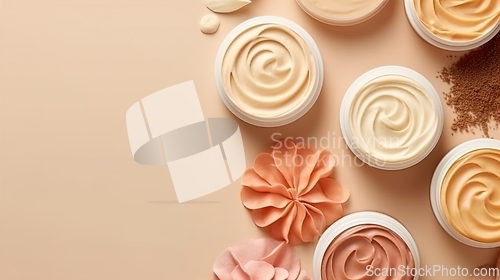 Image of Skin care and makeup products on beige, top view, copy space